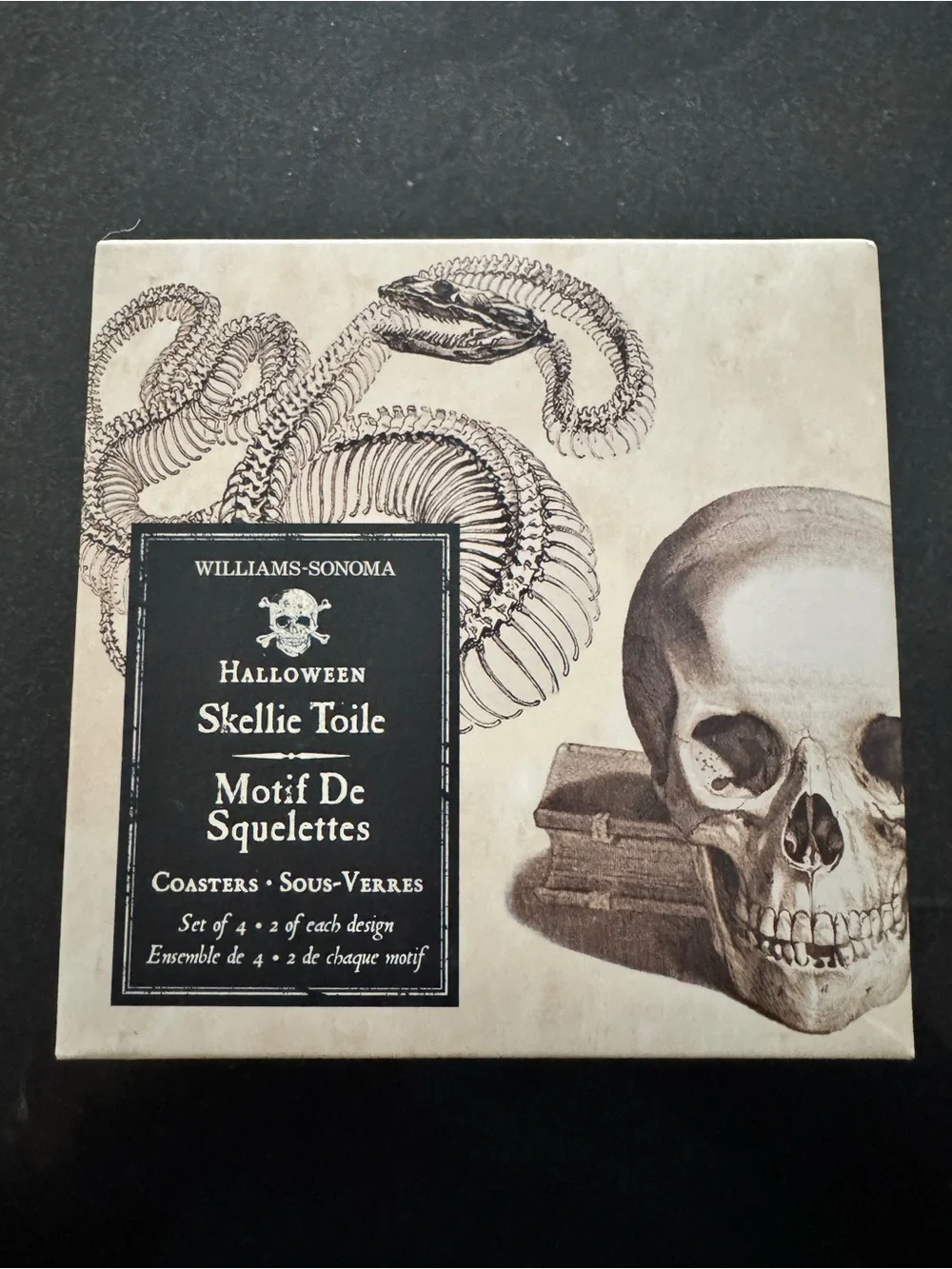 Williams Sonoma Halloween Skellie Toile Coasters - Beige Skull Design